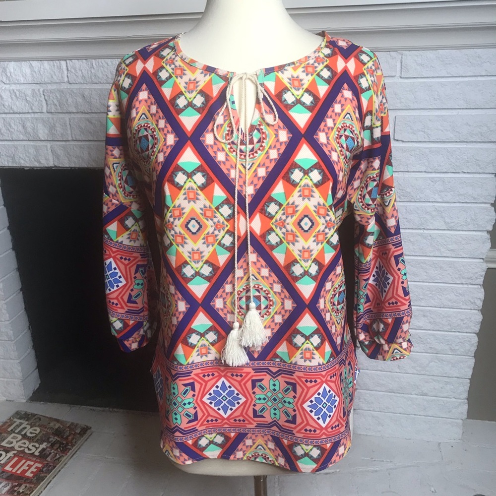 Pink Owl blouse peasant boho Aztec design tassels